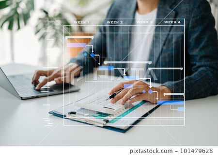 Project manager working and update tasks with milestones progress planning and Gantt chart scheduling diagram. business working with smart phone, tablet and laptop in office.. Project manager working and update tasks with milestones progress planning and Gantt chart scheduling diagram. business working with smart phone, tablet and laptop in office.. 101479628