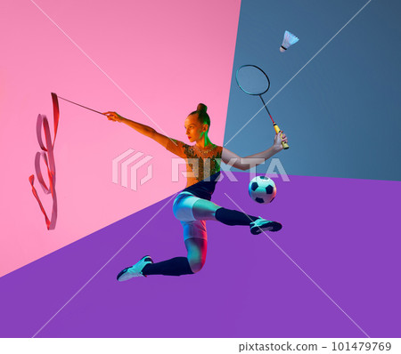 Composite image of beautiful woman, girl wearing special equipment doing different kinds of sport, gymnastics, soccer, badminton over colorful background 101479769