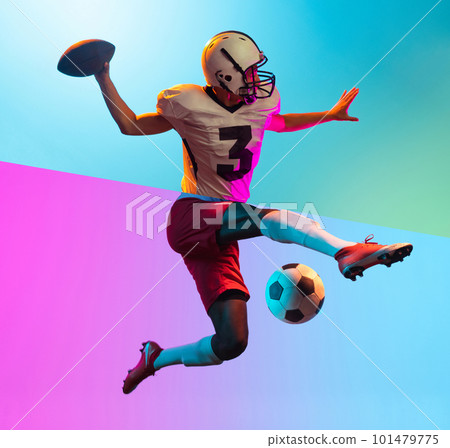 Composite image of man doing different kinds of male sport soccer, american football over multicolored background in neon light. Various activities 101479775