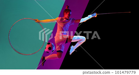 Composite image of young woman wearing special equipment doing different kinds of sport, fencing, soccer, gymnastics over dark mode background Composite image of young woman wearing special equipment doing different kinds of sport, fencing, soccer, gymnastics over dark mode background 101479779
