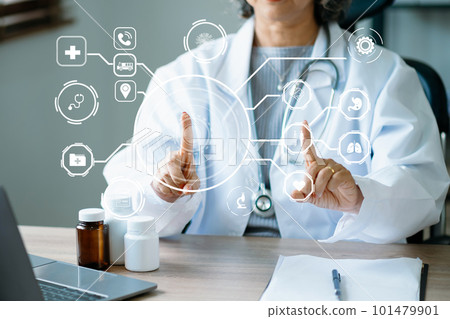 Medicine doctor using digital tablet and smartphone diagnose virtual electronic medical record on interface.Digital healthcare and network on virtual screen medical technology . Medicine doctor using digital tablet and smartphone diagnose virtual electronic medical record on interface.Digital healthcare and network on virtual screen medical technology . 101479901