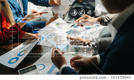 Businessman hand Project manager working and update tasks and Gantt chart scheduling virtual diagram.with smart phone, tablet and laptop in office. 101479945