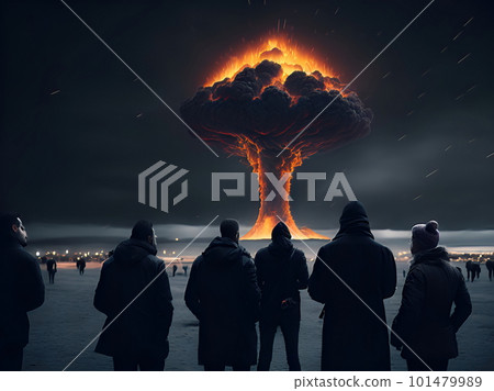 People watching a nuclear explosion in the distance on the horizon. Nuclear war. A fantastic apocalyptic landscape. People watching a nuclear explosion in the distance on the horizon. Nuclear war. A fantastic apocalyptic landscape. 101479989
