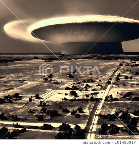 A nuclear explosion in the distance over the city. A fantastic apocalyptic landscape. A nuclear explosion in the distance over the city. A fantastic apocalyptic landscape. 101480017