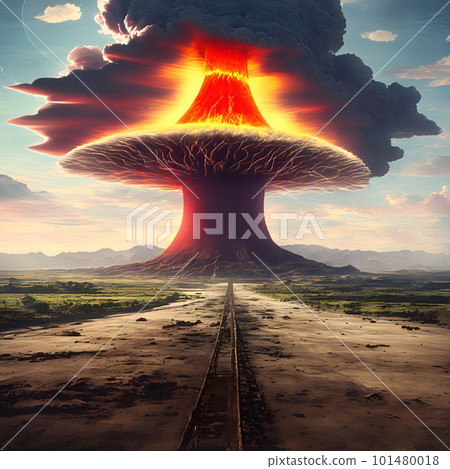 A nuclear explosion in the distance over the city. A fantastic apocalyptic landscape. A nuclear explosion in the distance over the city. A fantastic apocalyptic landscape. 101480018