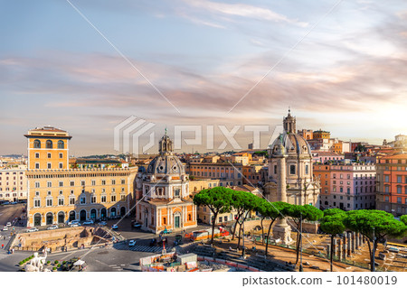 View on Basilica Ulpia, Trajan's Forum remains, Trajan's Column from Vittoriano, Rome, Italy View on Basilica Ulpia, Trajan's Forum remains, Trajan's Column from Vittoriano, Rome, Italy 101480019