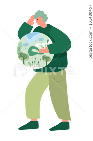Mother earth, man embracing our green planet. Earth Day and planet preservation.Global Warming and environmental safeguard power efficiency idea. Perfect for banner, card. Vector illustration. Mother earth, man embracing our green planet. Earth Day and planet preservation.Global Warming and environmental safeguard power efficiency idea. Perfect for banner, card. Vector illustration. 101480457
