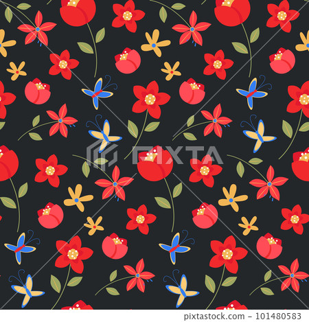 Seamless pattern of red flowers and butterfly on black background. Romantic vibrant texture for summer cover Seamless pattern of red flowers and butterfly on black background. Romantic vibrant texture for summer cover 101480583