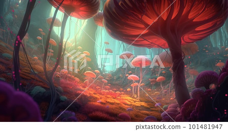 Abstract forest with tall mushrooms and unusual plants 101481947
