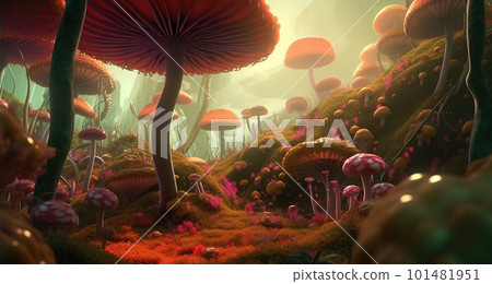 Abstract forest with tall mushrooms and unusual plants 101481951