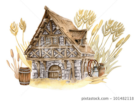 Watercolor illustration of an old country house . An old rusty enamel element. Hand-drawn in watercolour on a white background. Perfect for wedding invitation, greetings card, posters. 101482118