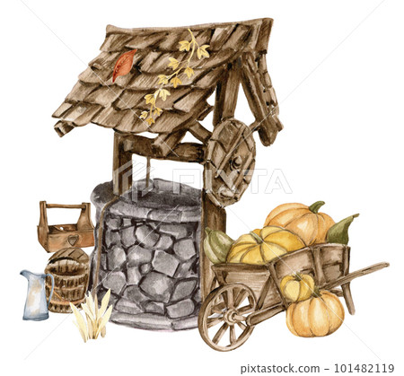 Watercolor illustration of an old country stone well . Hand-drawn in watercolour on a white background. Perfect for wedding invitation, greetings card, posters. 101482119