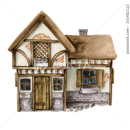 Watercolor illustration of an old country house . An old rusty enamel element. Hand-drawn in watercolour on a white background. Perfect for wedding invitation, greetings card, posters. 101482122
