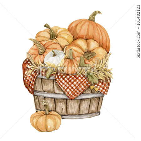 Watercolor composition of an old wooden cart and pumpkins. An old rusty enamel element. Hand-drawn illustration with watercolour on a white background. Perfect for wedding invitation, greetings card. 101482123