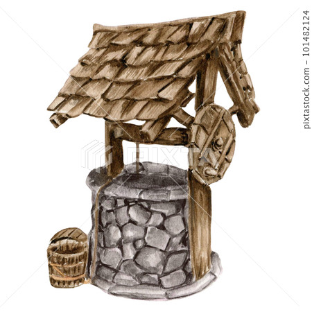 Watercolor illustration of an old country stone well . Hand-drawn in watercolour on a white background. Perfect for wedding invitation, greetings card, posters. 101482124