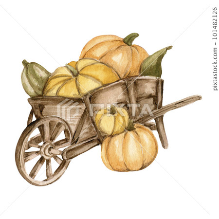 Watercolor composition of an old wooden cart and pumpkins. An old rusty enamel element. Hand-drawn illustration with watercolour on a white background. Perfect for wedding invitation, greetings card. 101482126