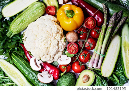 Healthy food for ketogenic diet concept on black background. Foods high in vitamins, minerals and antioxidants. Anti age Flat lay. fresh vegetables, herbs and spices. eco food delivery. 101482195