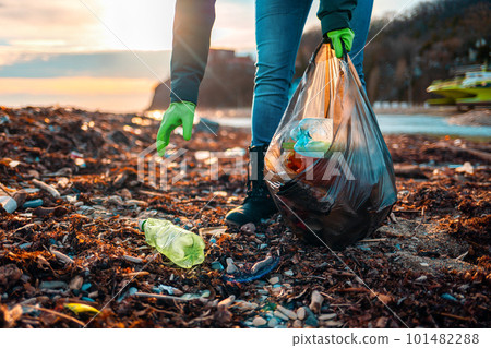 A volunteer collects garbage on a muddy beach. Close-up. The concept of Earth Day and Environmental Protection 101482288