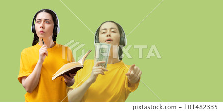 Web banner of advertising. Thoughtful girl wearing headphones holds a pen with notebook. Singing young woman holds a dollars cash. Copy space. Concept of university admission Web banner of advertising. Thoughtful girl wearing headphones holds a pen with notebook. Singing young woman holds a dollars cash. Copy space. Concept of university admission 101482335