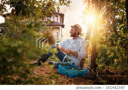 Local agriculture. Alone happy gardener sits on the ground in garden and relax. Sunset on the background. The concept of organic gardening and farming Local agriculture. Alone happy gardener sits on the ground in garden and relax. Sunset on the background. The concept of organic gardening and farming 101482397