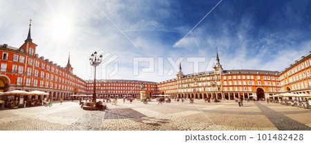 Panoramic view of the Plaza Mayor in daylight in Madrid, Spain. Panoramic view of the Plaza Mayor in daylight in Madrid, Spain. 101482428