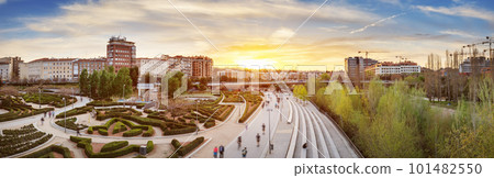 Panoramic top view of the park Madrid Rio from Puente de Toledo, Spain. 101482550