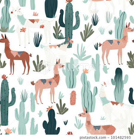 Cute doodle of llama and cactus on white background seamless pattern Cute doodle of llama and cactus on white background seamless pattern 101482593
