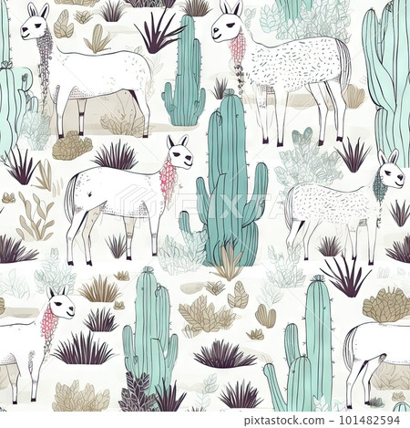 Cute doodle of llama and cactus on white background seamless pattern Cute doodle of llama and cactus on white background seamless pattern 101482594