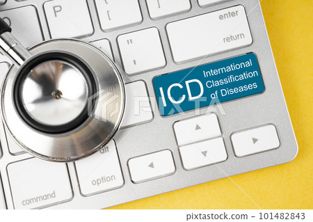 The International Classification of Diseases and Related Health Problem 10 Revision or ICD-10 and stethoscope medical on computer keyboard. The International Classification of Diseases and Related Health Problem 10 Revision or ICD-10 and stethoscope medical on computer keyboard. 101482843