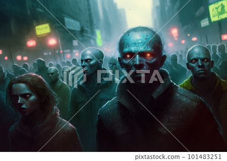 Zombies with scary faces in the crowd during the zombie apocalypse. Horror theme for Halloween or game party ad. Generated AI. Zombies with scary faces in the crowd during the zombie apocalypse. Horror theme for Halloween or game party ad. Generated AI. 101483251