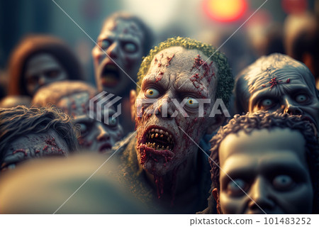 Zombies with scary faces in the crowd during the zombie apocalypse. Horror theme for Halloween or game party ad. Generated AI. Zombies with scary faces in the crowd during the zombie apocalypse. Horror theme for Halloween or game party ad. Generated AI. 101483252
