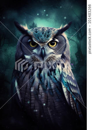 Wild owl in the forest. Colorful realistic style, wildlife element. Generated AI.. 101483266