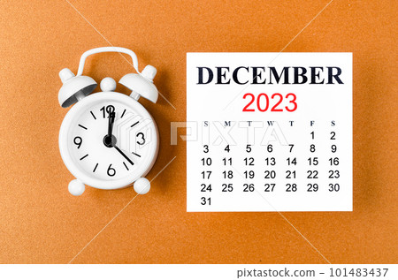 The December 2023 Monthly calendar for the organizer to plan 2023 year with alarm clock on orange colour background. 101483437