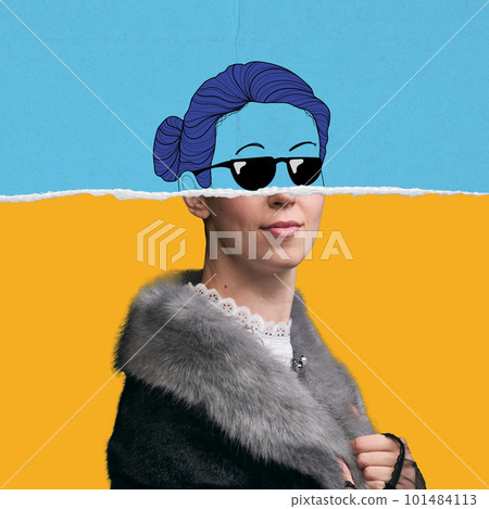 Contemporary art collage with doodles. Young woman with fur coat and modern drawings of face over blue yellow background 101484113