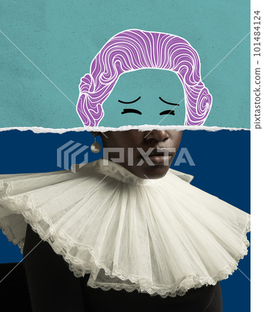 Contemporary art collage with doodles. Medieval African young woman in black vintage dress with big white collar and drawn elements Contemporary art collage with doodles. Medieval African young woman in black vintage dress with big white collar and drawn elements 101484124