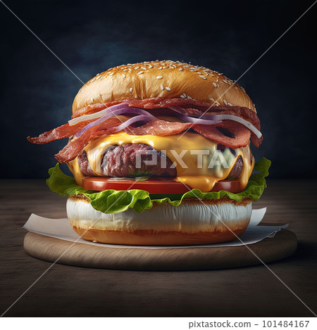 Perfect bacon cheese burger with beef, tomato, onion and fresh lettuce leaves, dark background, close up. Hamburger menu design. Generative AI Perfect bacon cheese burger with beef, tomato, onion and fresh lettuce leaves, dark background, close up. Hamburger menu design. Generative AI 101484167
