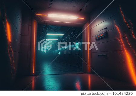 Sci fi background with dark underground passage and neon illumination. Futuristic tunnel with light beams. Generative AI Sci fi background with dark underground passage and neon illumination. Futuristic tunnel with light beams. Generative AI 101484220