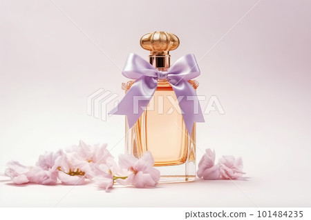 Perfume bottle with delicate cherry blossom and copy space. Generative AI 101484235