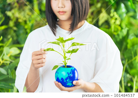 A girl looking at a flowerpot with a drawing of the earth Environmental protection image A girl looking at a flowerpot with a drawing of the earth Environmental protection image 101484537