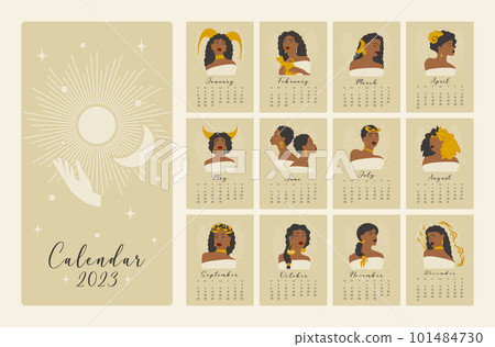 Calendar with astrological contemporary signs cartoon illustrations. Horoscope women symbols Calendar with astrological contemporary signs cartoon illustrations. Horoscope women symbols 101484730