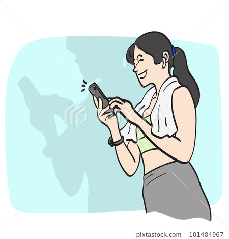 line art woman in sportswear using smartphone and earphones illustration vector hand drawn isolated on white background 101484967