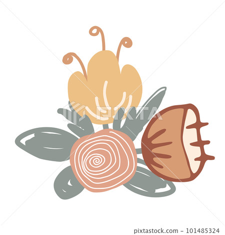 Cute floral design element. Scandinavian style bouquet from doodle flowers. Decoration posy in naive style. 101485324