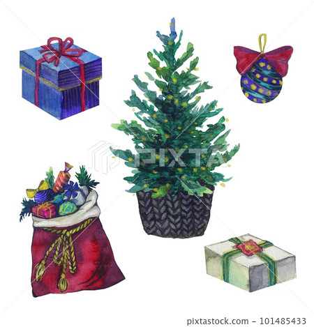 watercolor illustration. for postcards and decor ,fur-tree,gift bag,gift watercolor illustration. for postcards and decor ,fur-tree,gift bag,gift 101485433