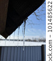 Icicles on the roof melt in the spring sun. Selective focus 101485622