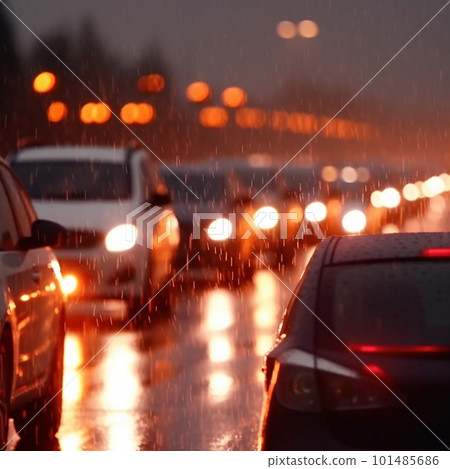 Traffic jam heavy on highway on rainy day with raindrops on car glasses. blurred background, motion blur, 101485686