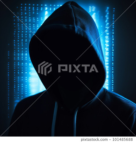 Hacker wearing black hoodie with blue neon lights on background, broke the security in the system.The dangers of digital thieves,unknown person with copy space Hacker wearing black hoodie with blue neon lights on background, broke the security in the system.The dangers of digital thieves,unknown person with copy space 101485688