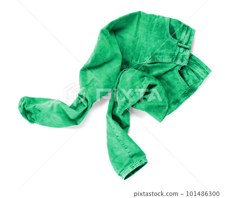 Worn green jeans isolated on white 101486300