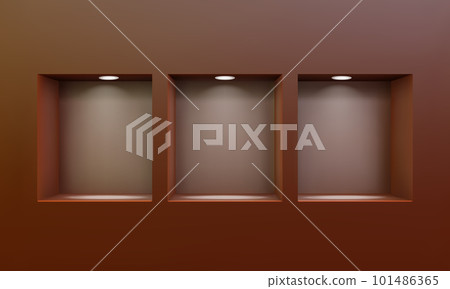 Three empty niches or shelves on brown wall with led spotlight 3D mockup 101486365
