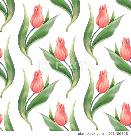 Seamless pattern with red flowers and leaves. Spring tulip flowers. Summer or Spring background. 101486538