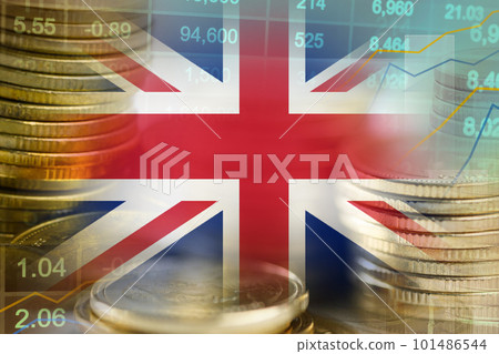 Stock market investment trading financial, coin and United Kingdom flag or Forex for analyze profit finance business trend data background. Stock market investment trading financial, coin and United Kingdom flag or Forex for analyze profit finance business trend data background. 101486544